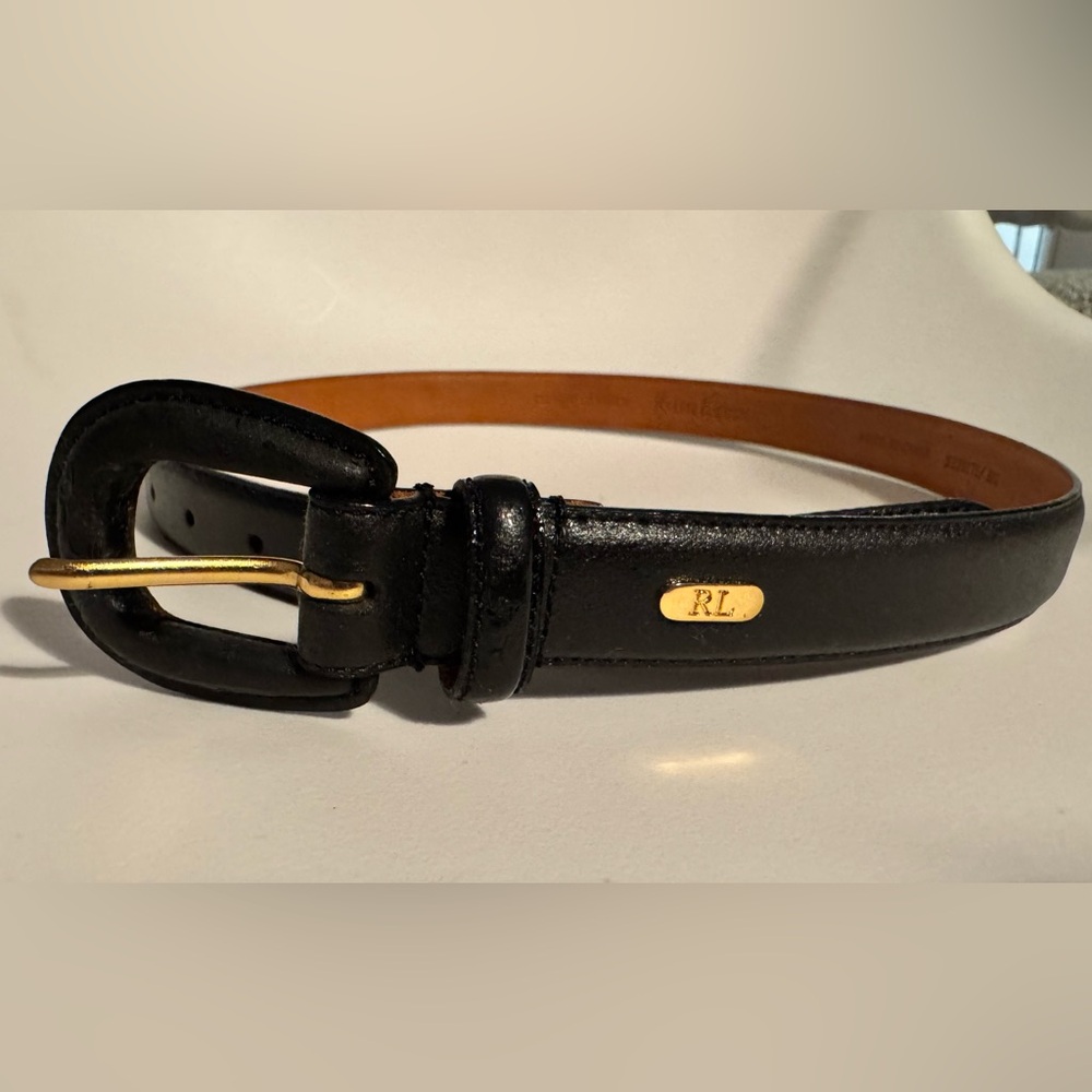 Ralph Lauren Black Genuine Leather Belt with Gold RL Accent - Picture 2 of 9